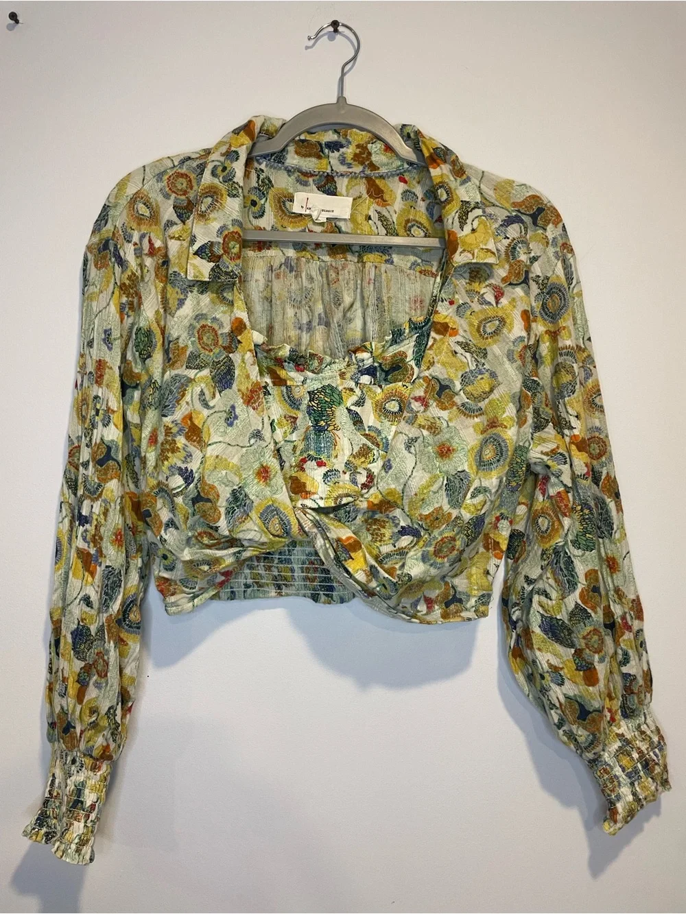 Anthropologie Floral Twist-Front Cropped Blouse - Yellow Green Blue